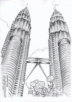 an ink drawing of two tall buildings in the middle of a field with trees and flowers