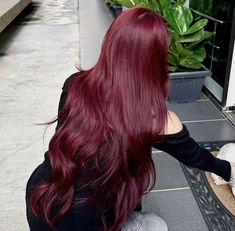 red hair Cherry Hair Girl, Red Wine Color Hair, Long Cherry Red Hair, Long Wine Red Hair, Long Red Hair Aesthetic, Dark Red Hair Halloween Costumes, Cherry Red Hair Aesthetic, Raspberry Red Hair, Blood Red Hair Color