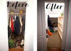 before and after photos of a closet with clothes hanging on the door, and inside