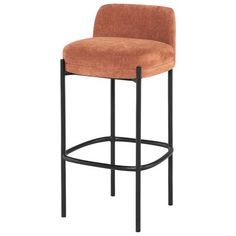 an upholstered bar stool with a black frame and beige fabric seat padding