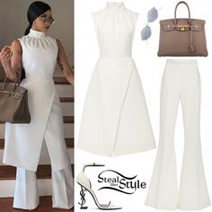 High Neck Crepe Dress ($1,100.00) and High Waist Crepe Trousers ($980.00) by Christian Siriano, Hermès Togo Birkin Bag ($16,500.00), Christian Dior Inclusive Sunglasses ($516.00) and Saint Laurent Opyum Patent-Leather Sandals ($995.00). Cardi B Clothes, White High Neck Blouse, Ysl Outfit, Crepe Trousers, Smart Casual Wear, Printed Bodycon Dress, Performance Wear