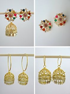 Glamorous gold plated detachable filigree jhumkas with round multi colour gemstone tops (PBJ-11-S) - Lai - 1 Jhumka Collection, Tops Earrings, Unique Silver Jewelry, Indian Bridal Jewelry Sets, Bridal Jewellery Indian, Jewelry And Accessories, Bridal Jewelry Sets, Contemporary Jewelry, Sterling Silver Studs