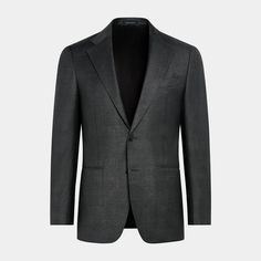 Cut to a tailored fit, this refined dark grey blazer is crafted with a classic two-button front, versatile flap pockets, and an unpadded shoulder for a more natural silhouette. Luxury Single Breasted Blazer For Business Meetings, Luxury Single-breasted Blazer For Business Meetings, Formal Gray Suit With Pockets, Elegant Gray Suits With Pockets, Gray Suit Collar Blazer For Business, Classic Gray Blazer With Hidden Button Closure, Classic Fitted Charcoal Outerwear, Classic Gray Blazer With Hidden Buttons, Gray Blazer With Suit Collar For Business