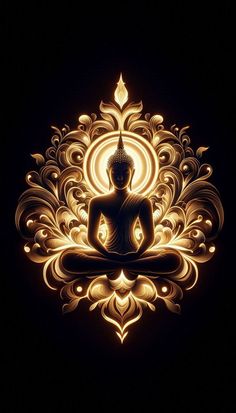 a buddha statue sitting in the middle of a dark room with light shining on it