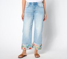 Chill all summer long in the Charlee. These flattering zip-front jeans keep things casual with a wide cuffed hem and ankle-bearing length while the blooming boho embroidery's got all the boutique feels. From Driftwood. Spring Jeans With Cuffed Ankles In Medium Wash, Medium Wash Jeans With Cuffed Ankles For Spring, Bohemian Embroidered Bottoms For Spring, Bohemian Straight Leg Jeans For Summer, Spring Bohemian Jeans, Spring Medium Wash Bottoms With Floral Embroidery, Relaxed Fit Bottoms With Floral Embroidery For Spring, Bohemian Summer Jeans With Frayed Hem, Spring Bohemian Embroidered Bottoms