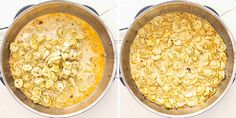 two pans filled with macaroni and cheese on top of a stove