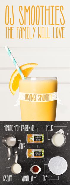 an orange smoothie with ingredients to make it in the blender and labeled on top