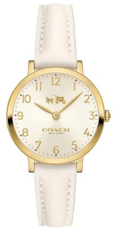 Coach 14502564 Ultra Slim Beige Dial White Leather Strap Women's Watch CONDITION: New With Defects Minor nicks on Bezel and Case Comes with box and papers (Box might be slightly damaged or scratched) Watch Information: Gender: Women's Case Size: 28mm Dial Color: Beige Material Case: Gold Tone Stainless Steel Material Band: Leather Diamonds: n/a Movement: Analog Quartz Water Resist: 30 Meters Water Resistant Features: Analog   Additional Info: Packaging: Coach Box & Papers Classic Gold Coach Watch, Goal Aesthetic, White Gold Watch, Customs Clearance, Women's Watch, Stainless Steel Watch, Steel Material, Quartz Watch, White Leather