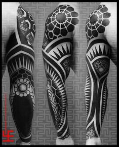 three leg tattoos with different designs and colors on the legs, one in black and white