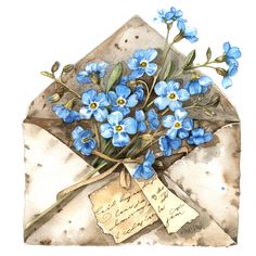 an envelope with blue flowers in it