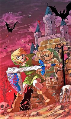 the legend of zelda and princess zelda in front of a castle with bats