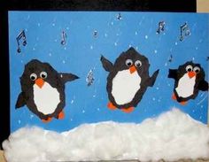 three penguins are standing in the snow with music notes