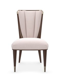 an upholstered chair with wooden legs and a beige fabric seat pad on the back