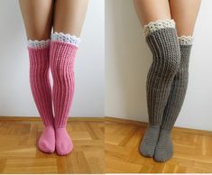 two pictures of legs wearing socks with crochet on them