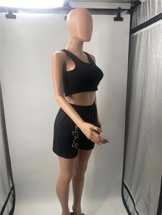 Sportswear Sleeveless Crop Top Drawstring Shorts 2pcs Black Cotton Sports Bra For Summer, Black Gym Sets For Summer, Summer Sleeveless Sports Bra For Loungewear, Casual Tank Sports Bra For Loungewear, Casual Sleeveless Sports Bra For Beach, Sporty Black Sleeveless Sets, Sleeveless Athleisure Sets For Loungewear, Black Sleeveless Sporty Sets, Sleeveless Athleisure Loungewear Sets