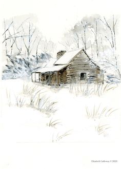 an old house sitting in the middle of a snowy field