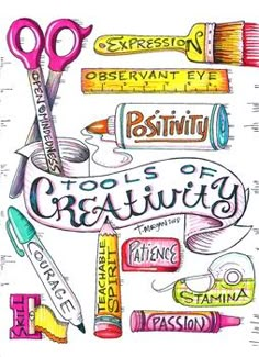 the words creativity are written in different colors and sizes with scissors, crayons, markers, pens, and pencils