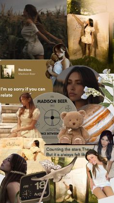 the collage has many different pictures and words on it, including an image of a woman holding a teddy bear