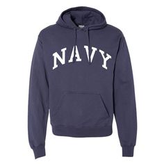 "Anchors Aweigh! Simple script, NAVY hand-printed in collegiate style lettering on a 100% cotton hoodie. Each sweatshirt is garment-dyed and creates a vintage style. Sometimes simple is better, and this simple design will be your favorite sweatshirt. You will love the softness and \"worn-in\" look.  5% of the proceeds from all sales go to local veteran's organizations." Navy Varsity Sweatshirt For College, Crew Cotton Hoodie For College, Collegiate Cotton Sweatshirt With Lettering, Navy Cotton Collegiate Sweatshirt, Cotton Hoodie With School Spirit Style, Navy Cotton Hoodie For College, Cotton Hoodie For School Spirit, Collegiate Cotton Hoodie With Letter Print, Navy Hooded Sweatshirt With Letter Print