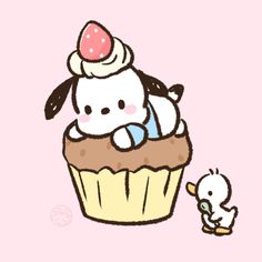 a drawing of a cupcake with a dog on top and a duck in the background