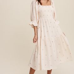 Dainty Floral Embroidered Puff Sleeve Dress In Cream. Runs A Little Big. Sleeves Can Be Worn On, Or Off The Shoulder. Feminine Cotton Midi Dress With Floral Embroidery, Spring Embroidered Puff Sleeve Dresses, Embroidered Puff Sleeve Spring Dresses, Cotton Midi Dress With Floral Embroidery For Brunch, Modest Christian Clothing, Engagement Outfits Summer, Flower Midi Dress, Newborn Fashion, Wrap Sweater Dress