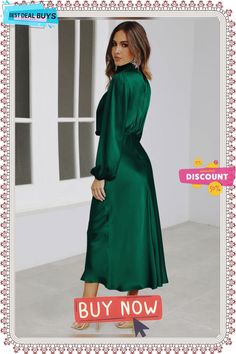 From The Source High Neck Bridal Maxi Dress - Emerald Green Satin Long Sleeve Midi Dress, Green Long Sleeve Satin Midi Dress, Bridal Maxi Dress, High Neck, Emerald, Maxi Dress