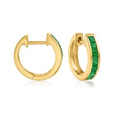 Ross-Simons - .60ct t. w. Emerald Huggie Hoop Earrings in 14kt Yellow Gold. 3/8". A great pop of color for every day, or a versatile May birthstone piece. Verdant .60 ct. t. w. channel-set square emeralds glow against sunny polished 14kt yellow gold in this precious pair of huggie hoop earrings. Hanging length is 3/8". Hinged post, emerald huggie hoop earrings. Emerald birthstones are the perfect gift for May birthdays. Classic Yellow Gold Hoop Earrings With Gemstone, Black Onyx Hoop Earrings, Emerald Earring, Emerald Eternity Band, Emerald Earrings Drop, Emerald Necklace Pendant, Earrings Hanging, Aquamarine Studs, Emerald Birthstone