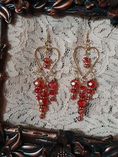 Red Glass Beaded Heart Shaped Handmade Chandelier Dangle Earrings Handmade Chandelier, Indie Jewelry, Earrings Handmade Dangle, Red Earrings, Shell Pendant, Etsy Earrings Dangle, Ear Jewelry, Bead Jewellery, Red Glass