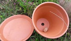 two clay pots sitting in the grass