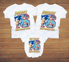 three personalized sonic birthday shirts