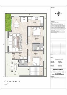 the ground plan for an apartment with two bedroom and living room, including a dining area