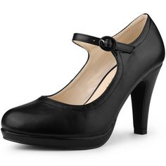 Allegra K Women's Round Toe Platform Ankle Strap Stiletto Heel Pumps Black 8 Faux Leather Mary Jane Heels With Ankle Strap, Mary Jane Heels With Buckle Closure In Faux Leather, Faux Leather Mary Jane Heels With Buckle, Ankle Strap Chunky Heels, Chunky Heel Pumps, Black Pumps Heels, Closed Toe Shoes, Pumps Heels Stilettos, Ankle Strap Pumps