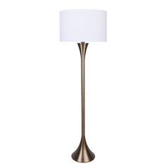 a lamp that has a white shade on the top and bottom of it, with a metal base