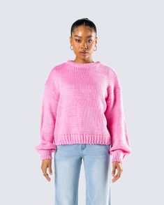 Name something better than a pink sweater top… 💕 Constructed from fully fashioned knit with a chunky knit stitch, and complete with a rib collar, sleeve cuffs, hem band, and a crew neck fit - this top is making “sweater weather” 10x cuter 😚 Pink Ribbed Collar Winter Sweater, Pink Cotton Sweater With Ribbed Collar, Pink Knit Sweater With Ribbed Collar, Pink Cropped Sweater With Ribbed Cuffs For Spring, Pink Trendy Cropped Knit Sweater, Trendy Pink Cropped Knit Sweater, Pink Oversized Cropped Sweater For Winter, Oversized Pink Cropped Sweater For Winter, Trendy Pink Cropped Sweater With Ribbed Cuffs