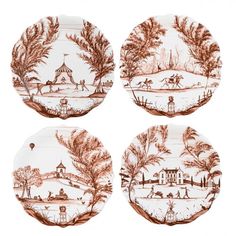 four brown and white plates with different scenes on the same plate, each depicting a landscape