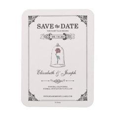 save the date card with a rose in a bell on it's front and back side