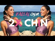 two women in bikinis standing next to the ocean with text reading facial gym 2x chin