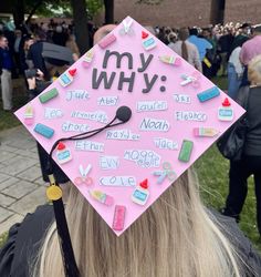 a pink cap with writing on it that says my why and is decorated with magnets