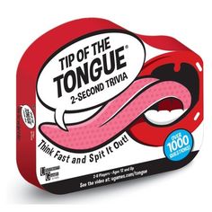 a red box that has some type of tongue on it's side and the words, tip of the tongue 2 second trivia