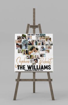 a wooden easel with an advertisement for the williamss