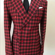 Stunning Red Plaid Double Breasted Super 150 Cerruti 1881 Wool Suit. Ticket Pocket, 10 Inch Double Vent, 4.5 Inch Hand Stitched Peak Lapel. Flat Front Pant. Made In Italy. This Brand New Suit Will Exceed Your Expectations Or Return For Full Refund. Sells For $1800-$2000 At The Stores I Wholessle To. Luxury Red Formal Sets, Luxury Red Blazer With Notch Lapel, Elegant Tailored Red Suit, Elegant Red Business Suit, Designer Red Blazer For Business, Elegant Red Business Sets, Elegant Red Semi-formal Set, Red Fitted Double Breasted Suit With Notch Lapel, Red Fitted Double-breasted Suit With Notch Lapel