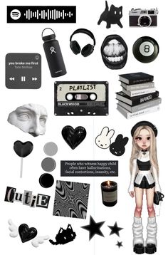 a collage of black and white items including headphones, hair clips, books, earbuds