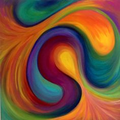 an abstract painting with multicolored swirls and colors in the middle, on white background