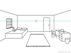 a black and white drawing of a bedroom