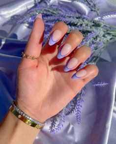 Violet French Nails, Nail Base, Nude Nail, Lavender Nails, Modern French, Almond Nails Designs, Almond Acrylic Nails