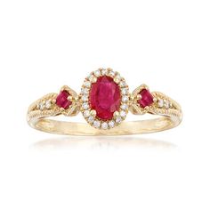 Ross-Simons - .60ct t.w. Ruby, .11ct t.w. Diamond Halo Ring in 14kt Yellow Gold. Size 8. Feel like royalty wearing this totally regal ruby and diamond ring. Presenting a .50 carat oval-cut ruby haloed by .11 ct. t.w. diamonds with .10 ct. t.w. princess-cut ruby edges. Set in polished 14kt yellow gold, this ring shines in elegance. Make a statement wearing this eye-catching ring to any formal event. 1/4" wide. Diamond and Ruby ring.   Ruby birthstones are the perfect gift for July birthdays. Diamond And Ruby Ring, Space Rings, Ruby And Diamond Ring, Ruby Birthstone, Blue Topaz Bracelet, Ring Ruby, Pink Tourmaline Ring, Diamond Halo Ring, Round Engagement Rings