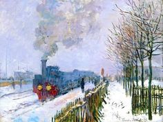 a painting of a train traveling down tracks in the snow with people standing on it