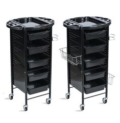 two black storage carts with drawers on wheels