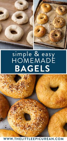 bagels being made and served with text overlay simple & easy homemade bagels. How To Make Your Own Bagels, Sesame Bagel Recipe, Best Bagel Recipe Homemade, Homemade Staple Foods, Easy Bagels Recipe Homemade, Brioche Bagels, Bagels Recipe Homemade, Everything Bagel Seasoning Recipes, Easy Bagel Recipe