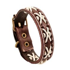 a brown leather bracelet with white braiding